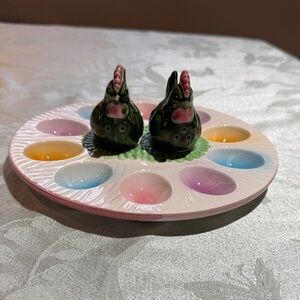 Vintage Ceramic Egg Plate with Rooster Salt & Pepper Shakers - Pastel Rainbow